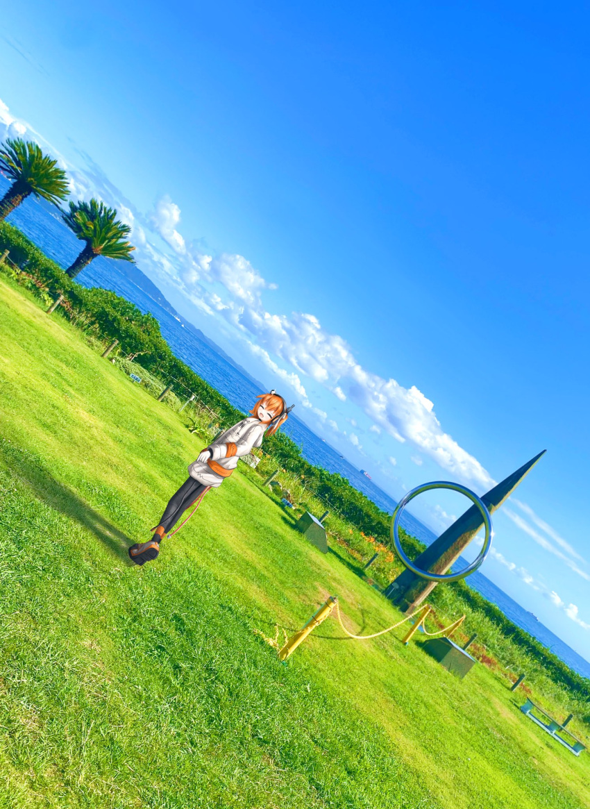 1girl 828_727 a.i._voice adachi_rei black_leggings blue_sky cable cloud day dutch_angle gloves grass hair_ribbon headlamp headphones highres horizon jacket kannonzaki_park leggings long_sleeves looking_back medium_hair monument ocean one_side_up open_mouth orange_hair outdoors palm_tree photo_background radio_antenna ribbon scenery shoes sky smile solo standing tree utau white_gloves white_jacket wide_shot