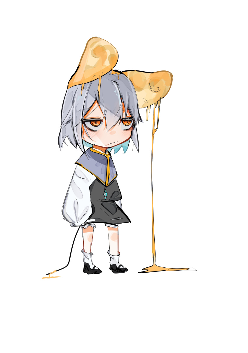 1girl absurdres animal_ears bags_under_eyes black_dress black_footwear capelet chibi closed_mouth dress full_body grey_capelet grey_hair hair_between_eyes highres honey kasuya long_bangs long_sleeves mary_janes mouse_ears mouse_girl mouse_tail nazrin orange_eyes shirt shoes short_hair simple_background socks solo standing tail touhou unamused white_background white_shirt white_socks