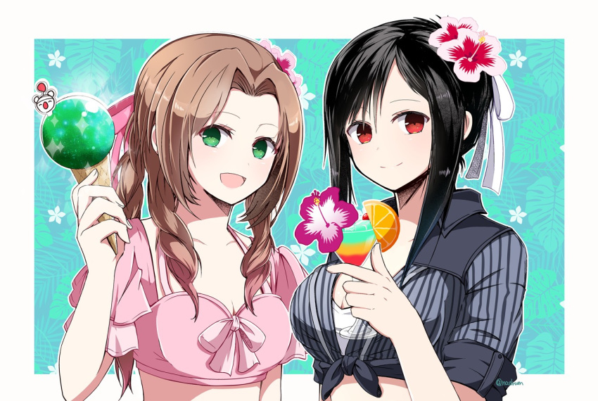 2girls aerith_gainsborough aerith_gainsborough_(floral_delight) black_hair breasts brown_hair cleavage cocktail_glass crop_top cup drinking_glass final_fantasy final_fantasy_vii final_fantasy_vii_rebirth final_fantasy_vii_remake flower front-tie_top green_eyes hair_flower hair_ornament ice_cream_cone multiple_girls nanao_(zonzonsh) official_alternate_costume official_alternate_hairstyle red_eyes smile tifa_lockhart tifa_lockhart_(majestic_glamour) upper_body