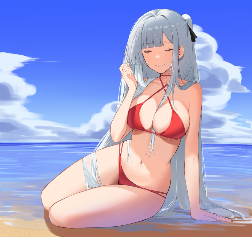1girl ak-12_(girls'_frontline) alternate_costume arm_support beach bikini black_ribbon blue_sky breasts cleavage closed_eyes closed_mouth cloud cloudy_sky full_body girls'_frontline hair_between_breasts hair_ribbon highres long_hair multi-strapped_bikini_bottom navel one_side_up red_bikini ribbon sand sitting sky smile solo stomach string_bikini swimsuit talnory water white_hair