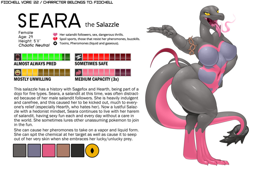 anthro big_breasts breasts female fidchellvore generation_7_pokemon looking_at_viewer model_sheet nintendo nude open_mouth pheromones pokemon pokemon_(species) salazzle seara_(fidchellvore) solo tail text thick_thighs tongue tongue_out