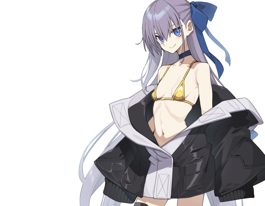 10mo 1girl animal_costume bare_shoulders bikini bird black_jacket blue_bow blue_choker bow breasts choker cowboy_shot fate/grand_order fate_(series) highres hood hooded_jacket jacket long_hair looking_at_viewer meltryllis_(fate) meltryllis_(swimsuit_lancer)_(first_ascension)_(fate) navel penguin penguin_costume prosthesis prosthetic_leg purple_eyes purple_hair sleeves_past_fingers sleeves_past_wrists small_breasts smile swimsuit unworn_jacket yellow_bikini