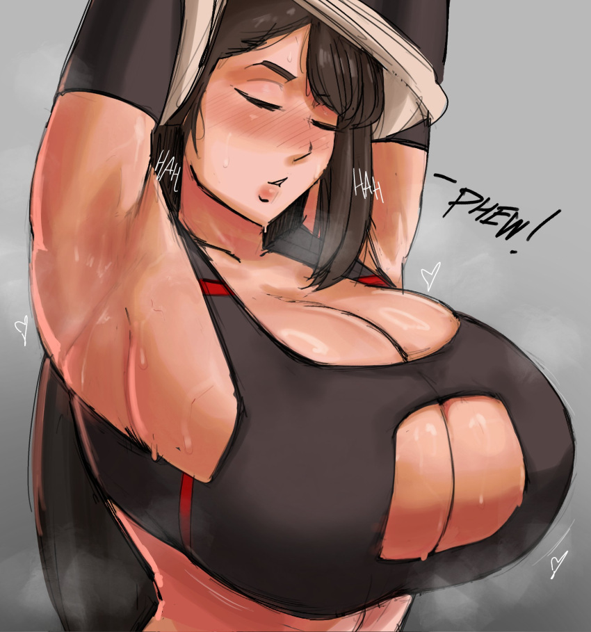 1girl armpits arms_up black_gloves black_hair black_sports_bra blush breasts cleavage cleavage_cutout closed_eyes clothes_lift clothing_cutout elbow_gloves final_fantasy final_fantasy_vii gloves highres huge_breasts long_hair nose_blush paranoid.droid parted_lips shirt_lift solo sports_bra sweat tank_top tifa_lockhart undressing upper_body very_long_hair white_tank_top