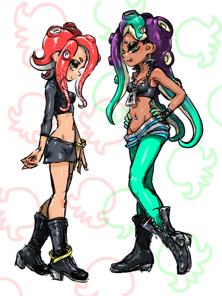 2girls agent_8_(splatoon) aqua_eyes aqua_hair aqua_pantyhose aqua_skin black_footwear black_shirt black_skirt boots breasts cephalopod_eyes cleavage closed_mouth colored_skin crop_top dark-skinned_female dark_skin gradient_hair grey_shorts groin hands_on_own_hips high_heel_boots high_heels highres horizontal_pupils koharu2.5 marina_(splatoon) miniskirt multicolored_hair multicolored_skin multiple_girls navel_piercing octoling octoling_girl octoling_player_character orange_eyes pantyhose piercing pink_pupils purple_hair red_hair shirt shorts single_sleeve skirt small_breasts smile splatoon_(series) splatoon_2 splatoon_2:_octo_expansion suction_cups tentacle_hair tongue tongue_out two-tone_hair two-tone_skin unzipped zipper_pull_tab