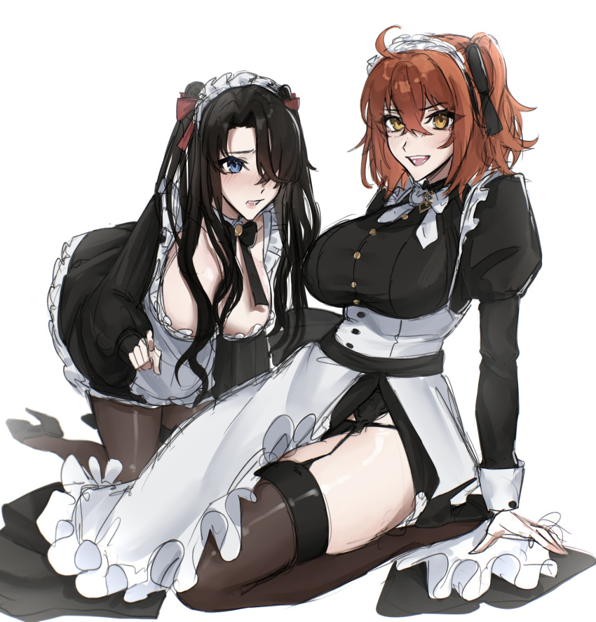 13addendum 2girls all_fours apron arm_support black_bow black_panties black_thighhighs blue_eyes bow breasts detached_collar fate/grand_order fate_(series) fujimaru_ritsuka_(female) fujimaru_ritsuka_(male) garter_belt genderswap genderswap_(mtf) gloves hair_bow hair_over_one_eye high_heels highres kneeling large_breasts maid_headdress multiple_girls pale_skin panties puffy_sleeves side_slit simple_background smile thighhighs twintails underwear white_background yellow_eyes