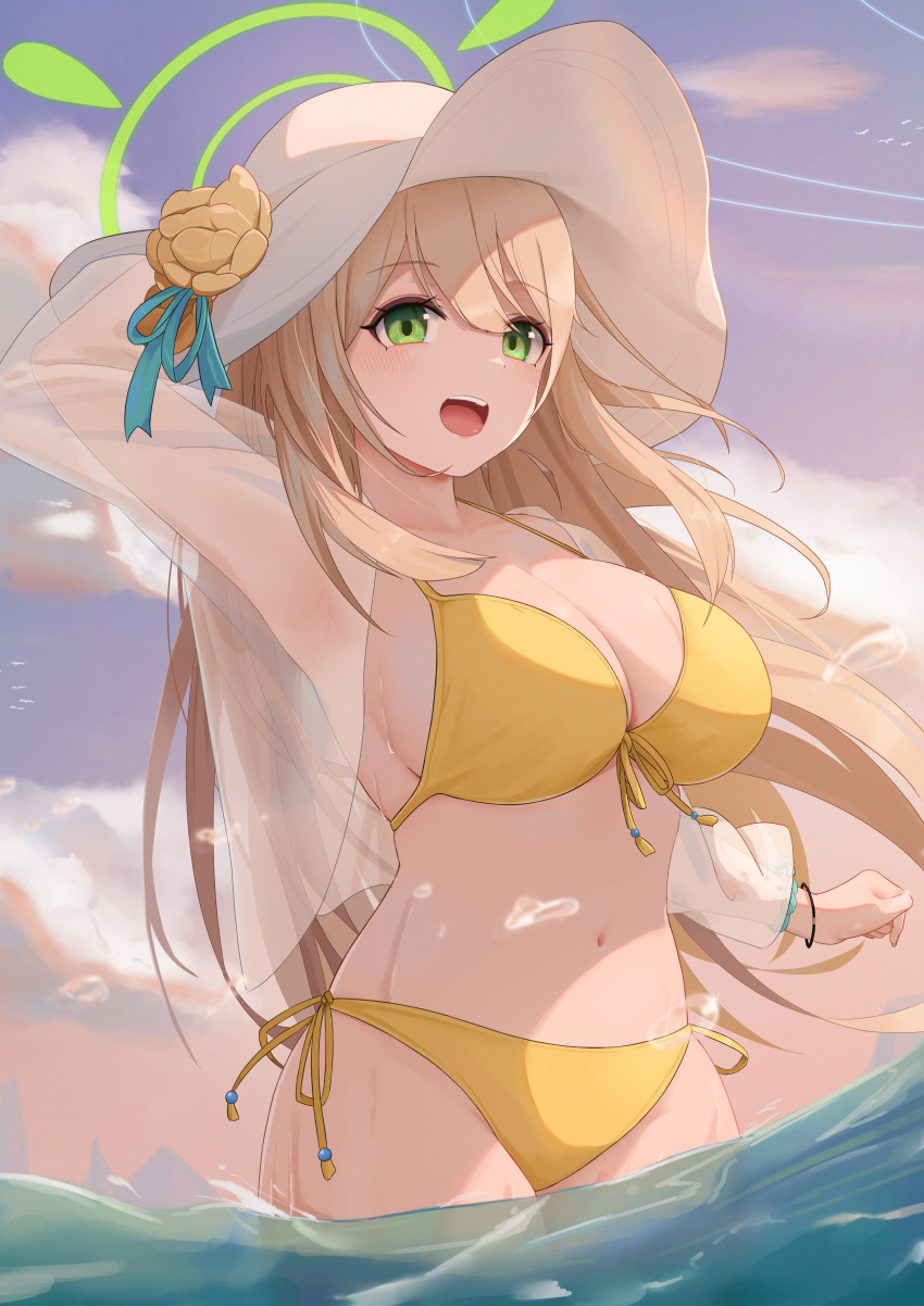 1girl :d absurdres bikini blonde_hair blue_archive breasts cloud green_eyes halo hat highres large_breasts long_hair navel nonomi_(blue_archive) nonomi_(swimsuit)_(blue_archive) official_alternate_costume open_mouth pige_pig shirt sky smile solo stomach sun_hat swimsuit very_long_hair wading water white_hat white_shirt yellow_bikini