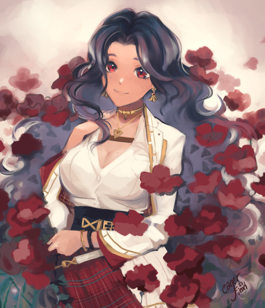 1girl black_hair breasts eagerfiend earrings flower highres jewelry large_breasts long_hair looking_at_viewer mole mole_under_eye necklace nijisanji nijisanji_en red_eyes scarle_yonaguni scarle_yonaguni_(1st_costume) solo virtual_youtuber