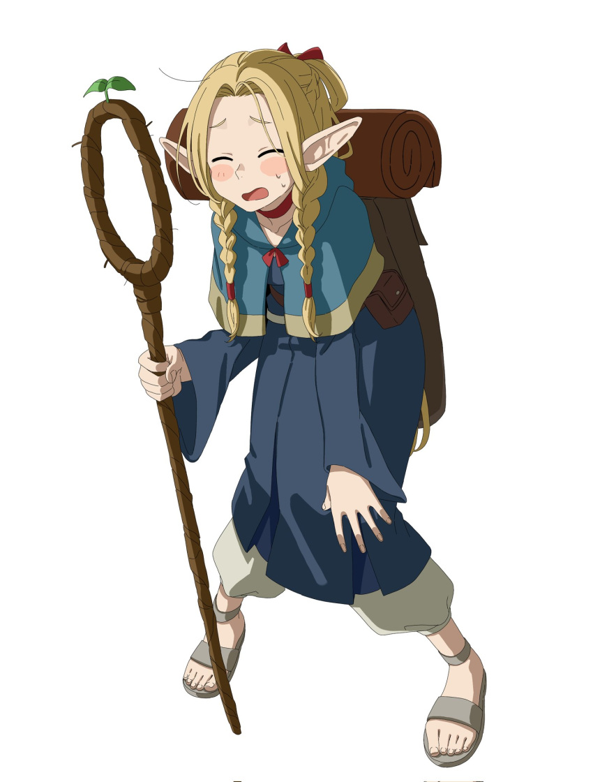 1girl backpack bag blonde_hair braid capelet choker closed_eyes dungeon_meshi elf forehead highres hikentai0112 holding holding_staff long_hair marcille_donato open_mouth pointy_ears robe sandals solo staff sweatdrop twin_braids