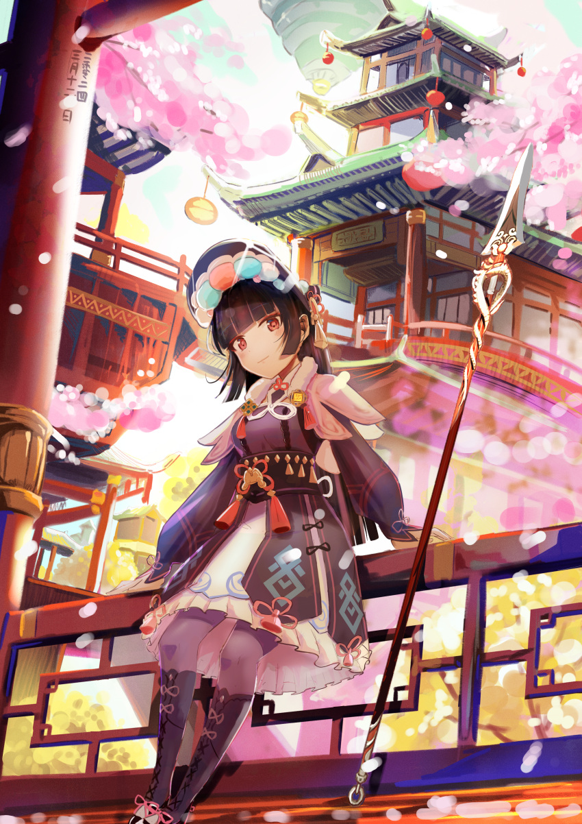 1girl absurdres black_footwear cherry_blossoms closed_mouth gem genshin_impact hair_ornament highres hime_cut leggings long_hair petals polearm purple_hair red_eyes temple weapon yu_heng_heng_taoxun yun_jin_(genshin_impact)