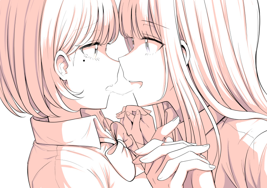 2girls after_kiss betock blush bow bowtie collarbone commentary_request ear_blush eye_contact from_side greyscale highres holding_hands interlocked_fingers long_hair looking_at_another monochrome multiple_girls noses_touching original profile saliva saliva_trail school_uniform short_hair spot_color tears upper_body yuri