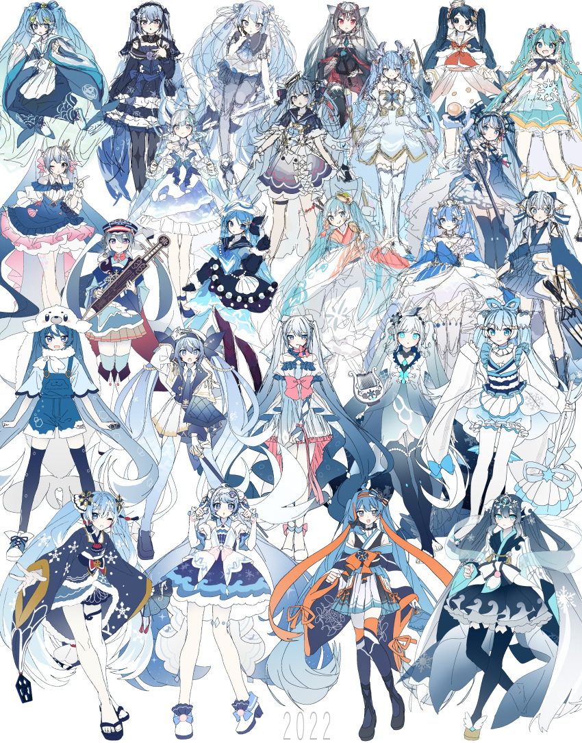 2022 6+girls :o absurdres animal_costume animal_print annotation_request apron aqua_eyes aqua_hair bare_shoulders baton beads black_legwear bloomers blue_capelet blue_dress blue_eyes blue_hair blue_headwear blush_stickers borrowed_design bow capelet collar collared_dress detached_sleeves dress fan fish_print frilled_dress frills full_body fur-trimmed_capelet fur-trimmed_sleeves fur_trim geta gloves gold_trim gradient_hair hair_beads hair_bow hair_ornament hair_ribbon hand_in_hair hand_on_own_chest hand_up harp hat hatsune_miku headdress highres holding holding_fan holding_instrument holding_scepter instrument japanese_clothes kimono kneehighs krlouvf layered_dress light_blue_eyes light_blue_hair looking_at_viewer mask mask_on_head multicolored_hair multiple_girls multiple_persona neckerchief open_mouth paper_fan parted_lips pleated_skirt red_eyes red_neckwear ribbon sailor_collar sailor_hat scepter seal_costume shoes shorts sketch skirt skirt_hold smile sneakers snowflake_print standing suspender_shorts suspenders tiara tonkori twintails uchiwa underwear vocaloid wave_print white_background white_collar white_dress white_gloves white_hair white_headwear white_legwear wide_sleeves winged_footwear yuki_miku