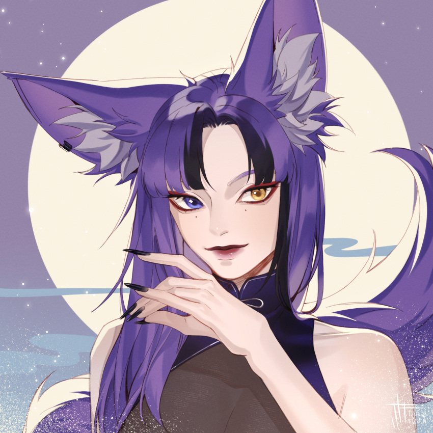 1girl absurdres animal_ear_fluff animal_ears artist_name awful_queen_(vtuber) bad_source black_nails fox_ears fox_girl fox_shadow_puppet fox_tail full_moon heterochromia highres indie_virtual_youtuber lips looking_at_viewer mole mole_under_eye monster_girl moon purple_hair red_lips taiga_tiger tail