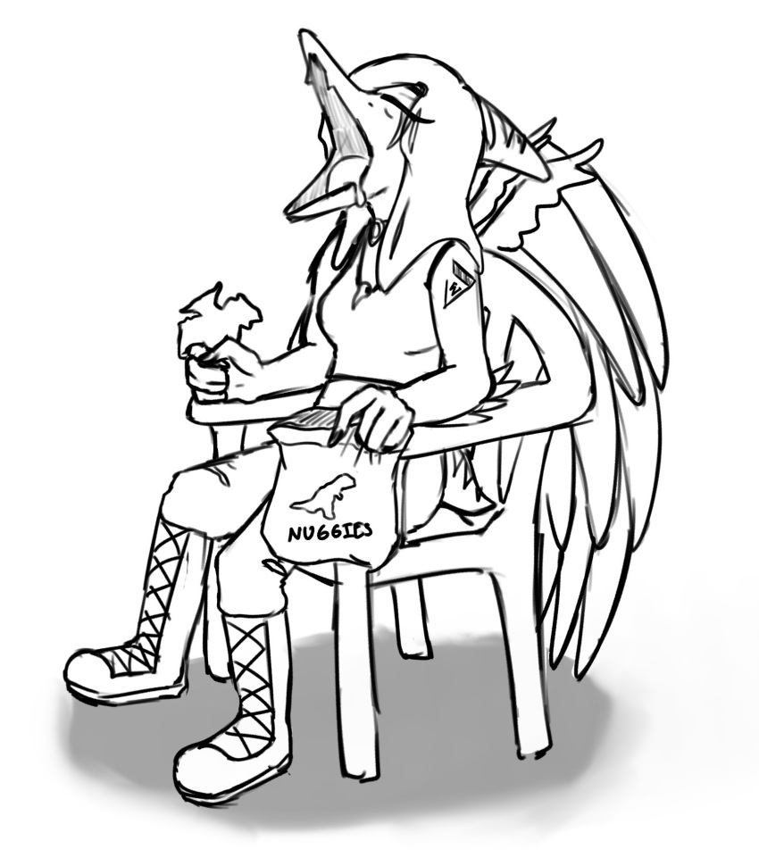 2024 5_fingers anthro black_and_white bodily_fluids boots bottomwear chair chicken_meat chicken_nugget clothing dino_nugget dinosaur disney drooling elbow_feathers fang_(gvh) feathered_wings feathers female fingers food footwear furniture goodbye_volcano_high hair halter_top hi_res jacket_ignites jewelry long_hair meat meme monochrome necklace open_mouth pants phineas_and_ferb pterodactylus pterosaur reptile saliva scalie short_tail sitting sketch sleeping snout solo tail torn_bottomwear torn_clothing torn_pants wings