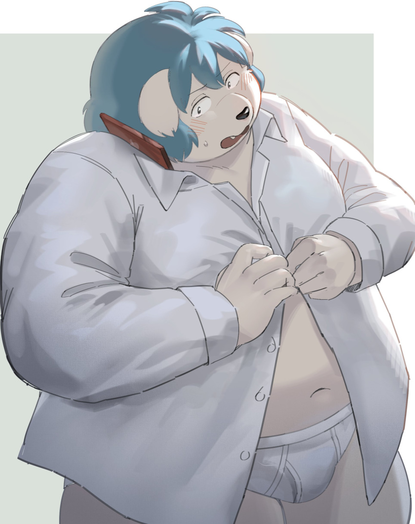 2024 absurd_res anthro belly blue_hair blush canid canine canis cellphone clothing domestic_dog electronics hair hi_res humanoid_hands kemono male mammal navel overweight overweight_male phone shirt smartphone solo sv_grart topwear underwear