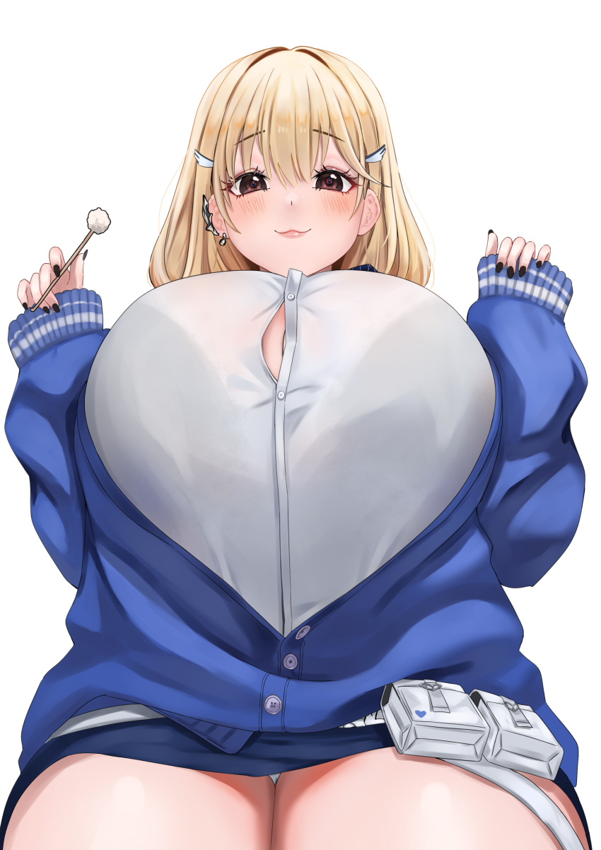 1girl :3 absurdres black_nails blonde_hair blue_jacket blue_skirt breasts brown_eyes button_gap cotton_swab ear_cleaning goddess_of_victory:_nikke highres huge_breasts jacket looking_at_viewer nyang1 shirt short_hair simple_background skirt smile solo thick_thighs thighs tia_(nikke) white_background white_shirt