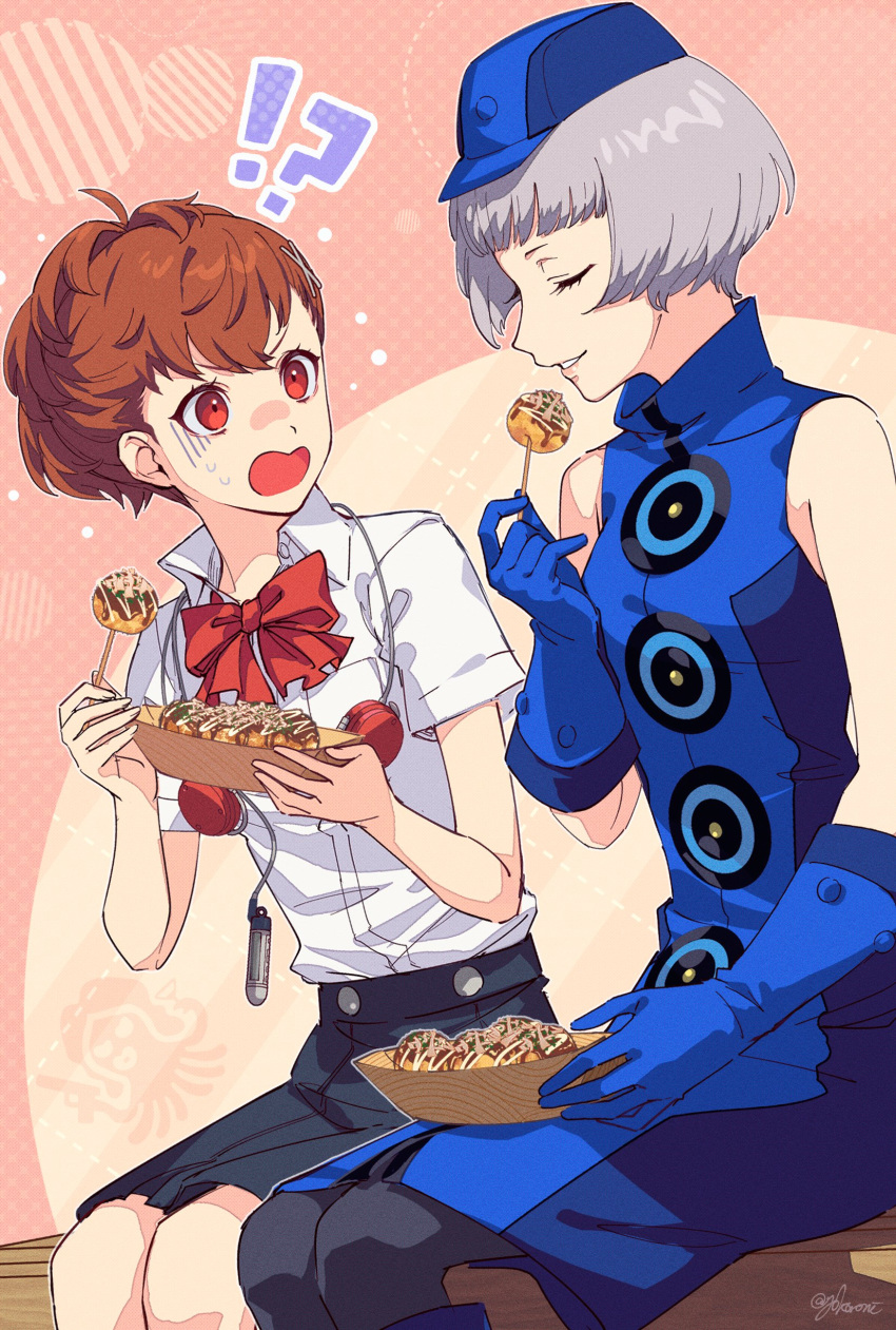 !? 2girls absurdres black_skirt blue_dress blue_gloves blue_hat blunt_bangs bow brown_hair closed_eyes collared_shirt commentary_request digital_media_player dress elizabeth_(persona) feet_out_of_frame food from_side gloves grey_hair hair_between_eyes hand_up hat high-waist_skirt highres holding holding_food lips looking_at_another multiple_girls open_mouth parted_lips persona persona_3 persona_3_portable pink_background profile red_bow red_eyes shaded_face shiomi_kotone shirt short_hair signature simple_background sitting skirt sleeveless sleeveless_dress smile surprised takoyaki v-shaped_eyebrows wavy_mouth white_shirt yokaroni