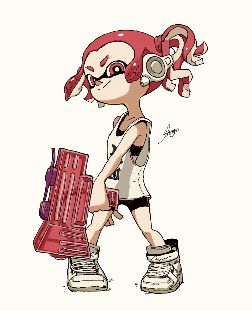 1girl artist_name bare_shoulders behind-the-head_headphones bike_shorts black_bra black_shorts bra closed_mouth commentary_request flat_chest full_body headphones highres holding holding_weapon inkling inkling_girl inkling_player_character legs_apart oversized_clothes oversized_shirt print_tank_top red_eyes red_hair shirt shoes shogo_(shogo70449442) short_hair short_twintails shorts smile sneakers solo splatoon_(series) splatoon_3 splattershot_jr_(splatoon) standing tank_top tentacle_hair twintails underwear weapon white_background white_footwear white_headphones white_tank_top