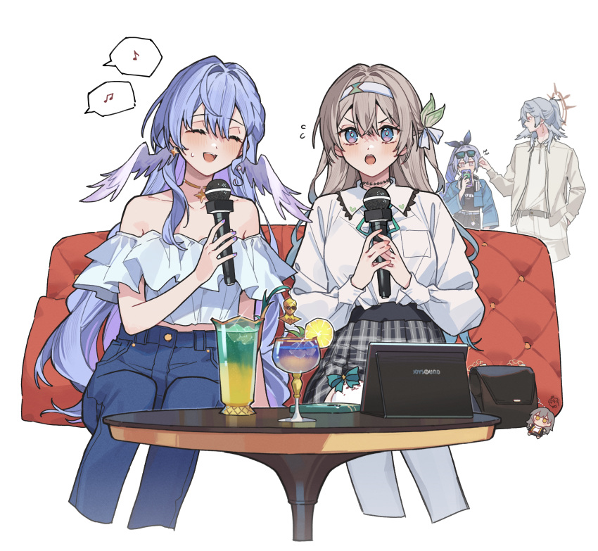 1boy 3girls absurdres alternate_costume bare_shoulders black_skirt blue_pants chestnut_mouth closed_eyes couch cup denim drinking_glass earrings firefly_(honkai:_star_rail) grey_hair hair_between_eyes hairband head_wings highres holding holding_microphone honkai:_star_rail honkai_(series) jewelry long_hair long_sleeves microphone multicolored_eyes multiple_girls musical_note no_halo off-shoulder_shirt off_shoulder on_couch pants purple_hair robin_(honkai:_star_rail) shirt short_sleeves silver_wolf_(honkai:_star_rail) simple_background sitting skirt spoken_musical_note stelle_(honkai:_star_rail) sunday_(honkai:_star_rail) sweat sweatdrop thighhighs trailblazer_(honkai:_star_rail) tsukino_(nakajimaseiki) white_background white_hairband white_shirt white_thighhighs white_wings wings