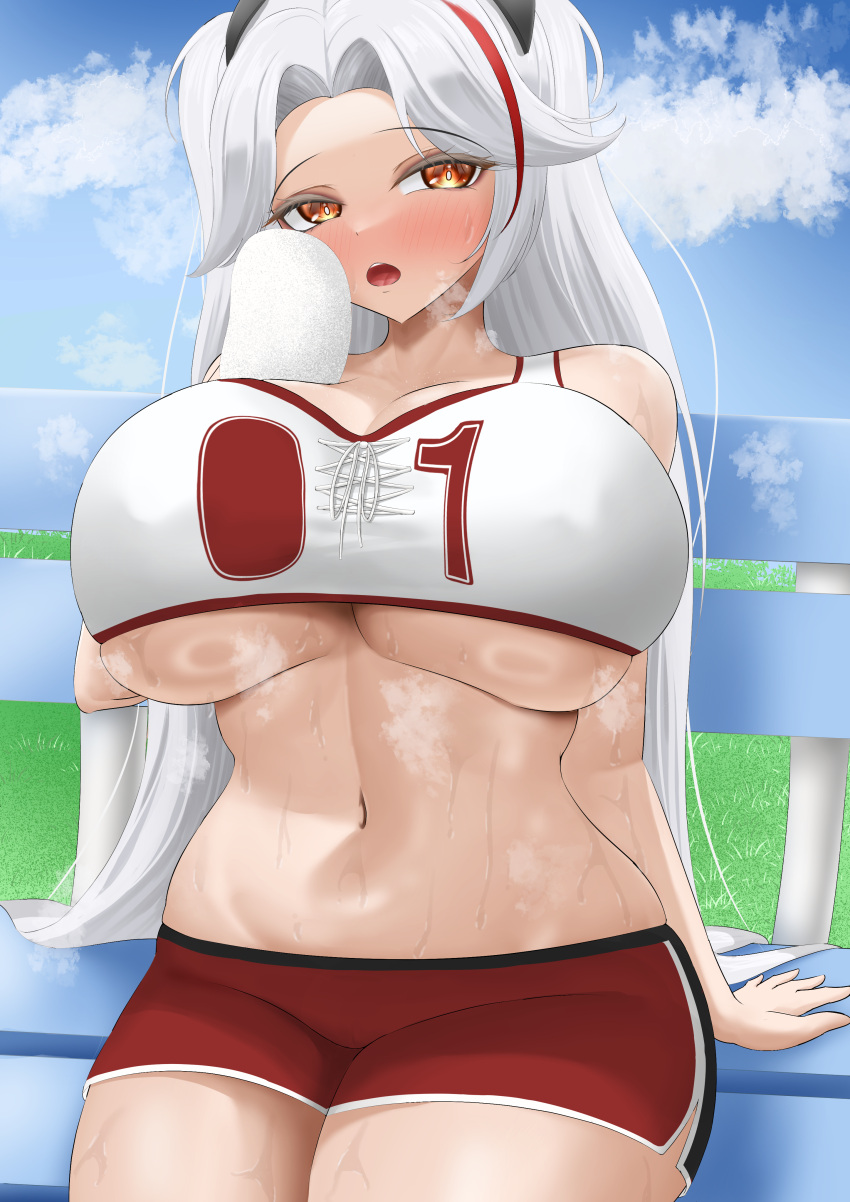 1girl absurdres azur_lane breasts crop_top highres holding holding_towel large_breasts long_hair looking_to_the_side midriff multicolored_hair navel number_print official_alternate_costume open_mouth osasa_(osasabeaf) prinz_eugen_(azur_lane) prinz_eugen_(brilliant_touchdown)_(azur_lane) red_hair red_shorts shorts sitting sports_bra streaked_hair sweat towel two_side_up underboob white_hair white_sports_bra wiping_sweat