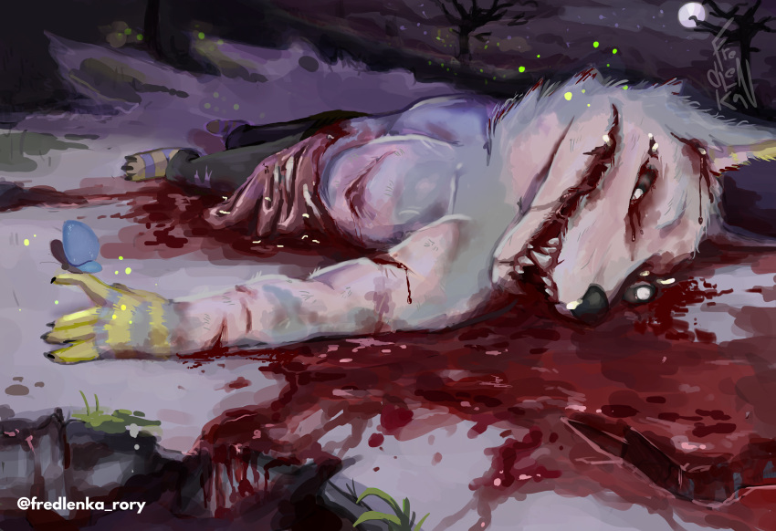 absurd_res anthro blood bodily_fluids canid canine canis death detailed_background fredlenka_rory gore gore_focus guts head_tuft hi_res male mammal organs outside snow solo solo_focus tuft wolf wounded