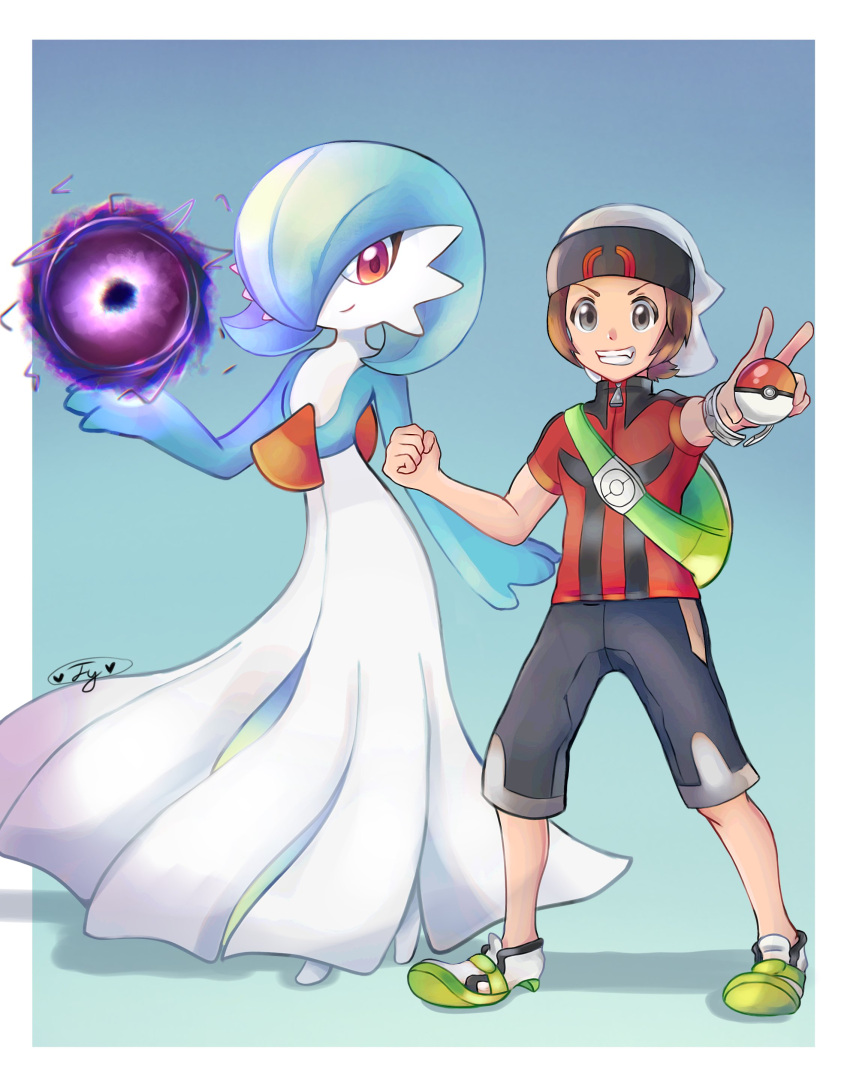 1boy absurdres alternate_color backpack bag beanie blue_hair bob_cut brendan_(pokemon) brown_hair clenched_hand colored_skin dress gardevoir gradient_background hair_over_one_eye hat highres holding holding_poke_ball krystalstar70 looking_at_viewer multicolored_skin pink_eyes poke_ball pokemon pokemon_(creature) shiny_pokemon signature simple_background smile smirk two-tone_skin white_dress white_skin