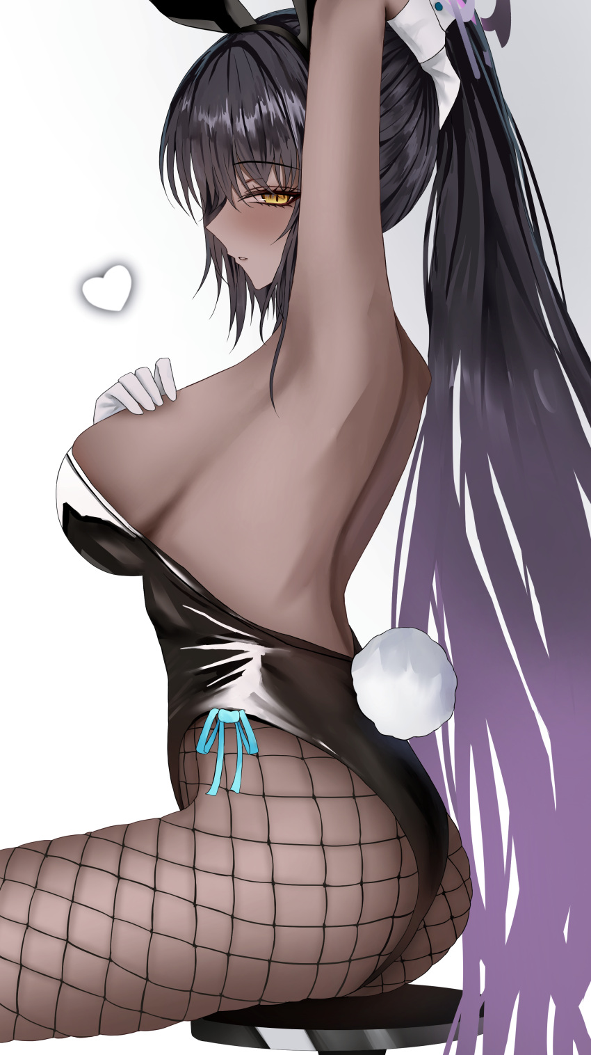 1girl absurdres animal_ear_hairband animal_ears arm_up black_hair black_leotard blue_archive blush breasts dark-skinned_female dark_skin fake_animal_ears fake_tail fishnet_pantyhose fishnets from_side gloves gradient_hair hairband halo heart highleg highleg_leotard highres karin_(blue_archive) karin_(bunny)_(blue_archive) large_breasts leotard long_hair looking_ahead multicolored_hair official_alternate_costume on_stool pantyhose playboy_bunny polcoco ponytail profile purple_hair rabbit_ear_hairband rabbit_ears rabbit_tail sideboob simple_background sitting solo strapless strapless_leotard tail very_long_hair white_background white_gloves wrist_cuffs