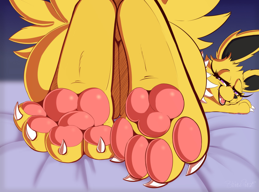 ambiguous_gender bed blitzpitz butt claws close-up cute_fangs eeveelution eyelashes feet feral foot_fetish foot_focus furniture generation_1_pokemon hi_res jolteon looking_at_viewer looking_back looking_back_at_viewer lying nintendo on_front pawpads pink_pawpads pokemon pokemon_(species) presenting presenting_hindquarters purple_eyes rear_view seductive signature simple_background smile solo toe_claws