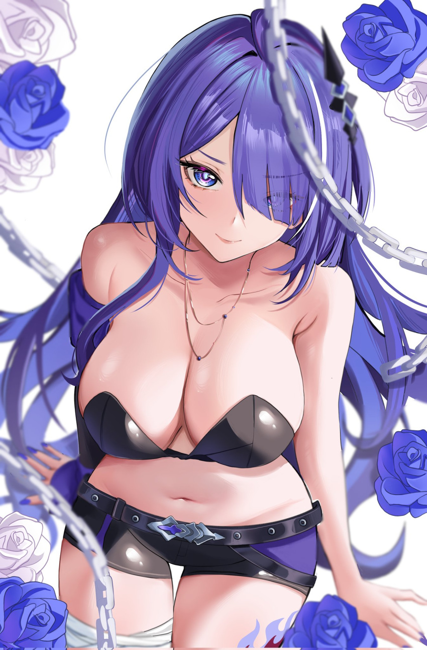 1girl acheron_(honkai:_star_rail) adapted_costume alternate_costume armpit_crease bandaged_leg bandages bare_shoulders belt black_belt black_bra black_shorts blue_flower blue_rose bra breasts chain cleavage commentary eyes_visible_through_hair flower hair_ornament hair_over_one_eye highres honkai:_star_rail honkai_(series) huge_breasts jewelry knees_out_of_frame leg_tattoo looking_at_viewer midriff multicolored_hair nail_polish navel necklace purple_eyes purple_hair purple_nails rose short_shorts shorts smile solo streaked_hair tattoo thighs underwear white_background white_flower white_rose y_osu