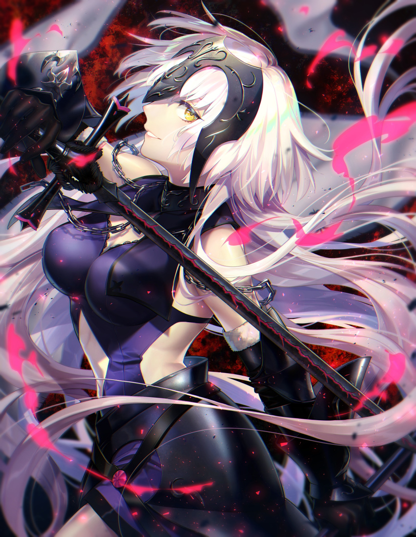 1girl bangs bare_shoulders blue_dress breasts chain cleavage collar dress fate/grand_order fate_(series) headpiece highres jeanne_d'arc_(alter)_(fate) jeanne_d'arc_(fate)_(all) large_breasts long_hair looking_at_viewer metal_collar noes silver_hair smile sword very_long_hair weapon yellow_eyes