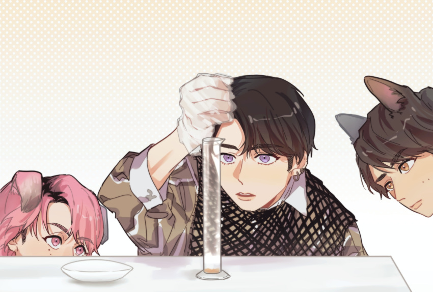 3boys animal_ears beaker black_hair black_vest bowl brown_hair brown_shirt chinese_commentary commentary_request dated_commentary dog_ears ear_piercing earrings floppy_ears fukazawa_tatsuya gradient_background highres hoop_earrings jewelry lips long_sleeves looking_at_object male_focus mole mole_under_eye mukai_kouji multicolored_hair multiple_boys multiple_moles open_mouth parted_bangs piercing pink_hair plaid plaid_vest plastic_gloves polka_dot polka_dot_background portrait puffy_long_sleeves puffy_sleeves purple_eyes real_life roots_(hair) sakuma_daisuke see-through_gloves shirt simple_background sleeves_past_elbows snow_man_(jpop) suqing_(0oo00o) table teeth thick_eyebrows upper_body upper_teeth_only vertical-striped_sleeves vest yellow_background