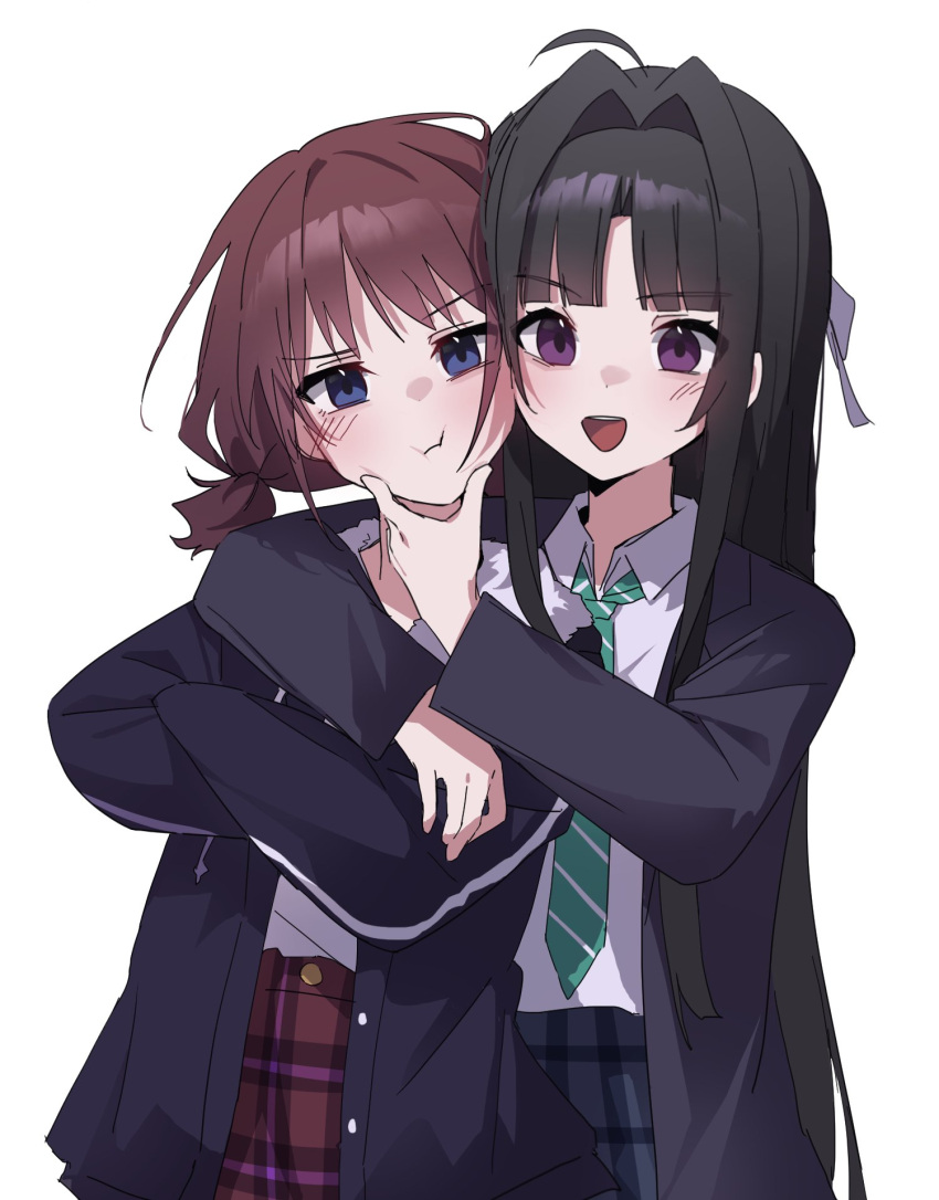 2girls awa_subaru black_hair blue_eyes blunt_bangs blush brown_hair fur-trimmed_jacket fur_trim girls_band_cry hair_intakes hair_ribbon hand_on_another's_chin hand_on_another's_face haskyyyyy1 highres iseri_nina jacket medium_hair multiple_girls open_clothes open_jacket purple_eyes ribbon short_twintails twintails white_ribbon