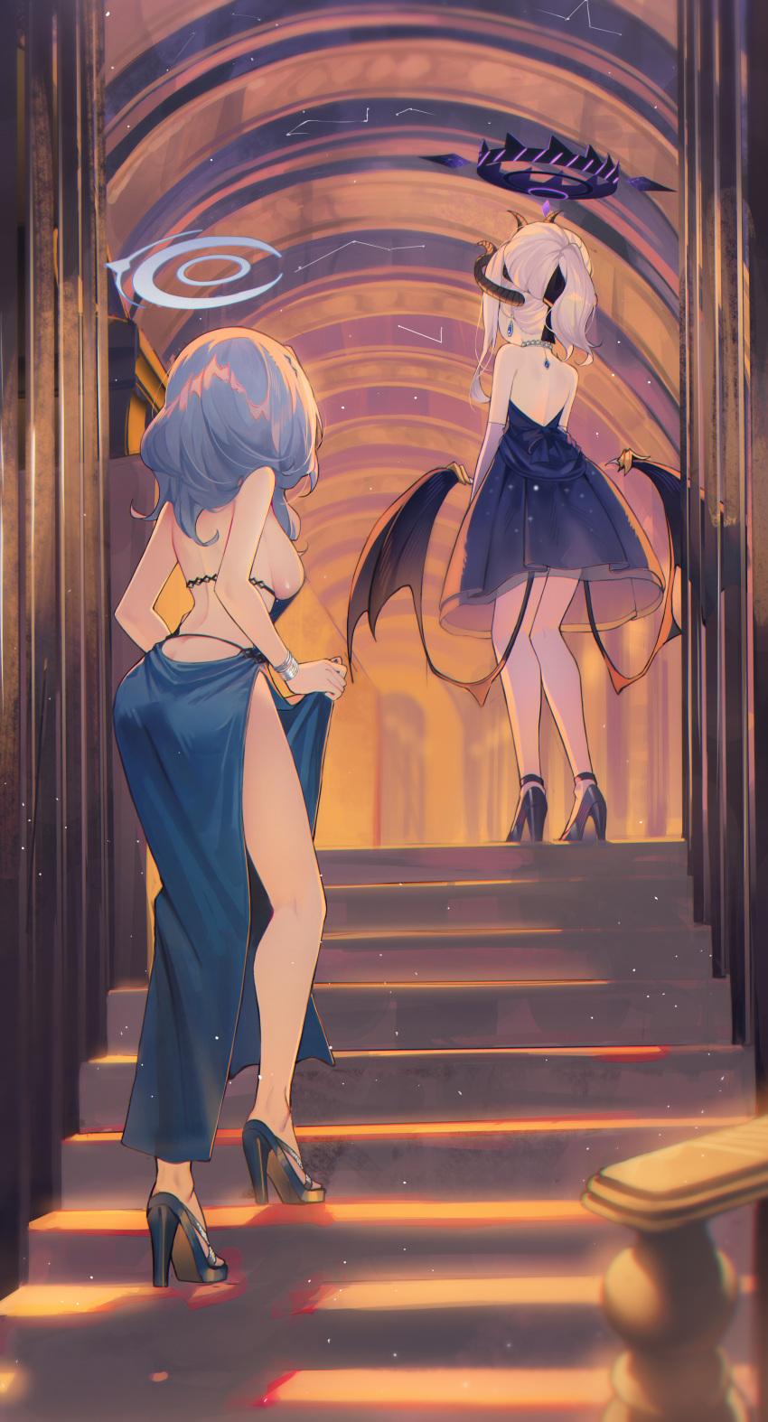 2girls absurdres ako_(blue_archive) ako_(dress)_(blue_archive) backless_dress backless_outfit bare_back bare_shoulders black_bow black_footwear black_horns black_wings blue_archive blue_hair bow breasts commentary dark_halo demon_horns demon_wings dress drop_earrings earrings elbow_gloves evening_gown extra_horns frilled_dress frills from_behind full_body gloves hair_bow halo high_heels highres hina_(blue_archive) hina_(dress)_(blue_archive) horns jewelry kerno long_hair low_wings medium_hair multiple_girls necklace official_alternate_costume official_alternate_hairstyle pearl_necklace pendant pointing ponytail purple_dress purple_gloves purple_halo purple_wings sidelocks sleeveless sleeveless_dress stairs strapless strapless_dress thighs white_hair wings