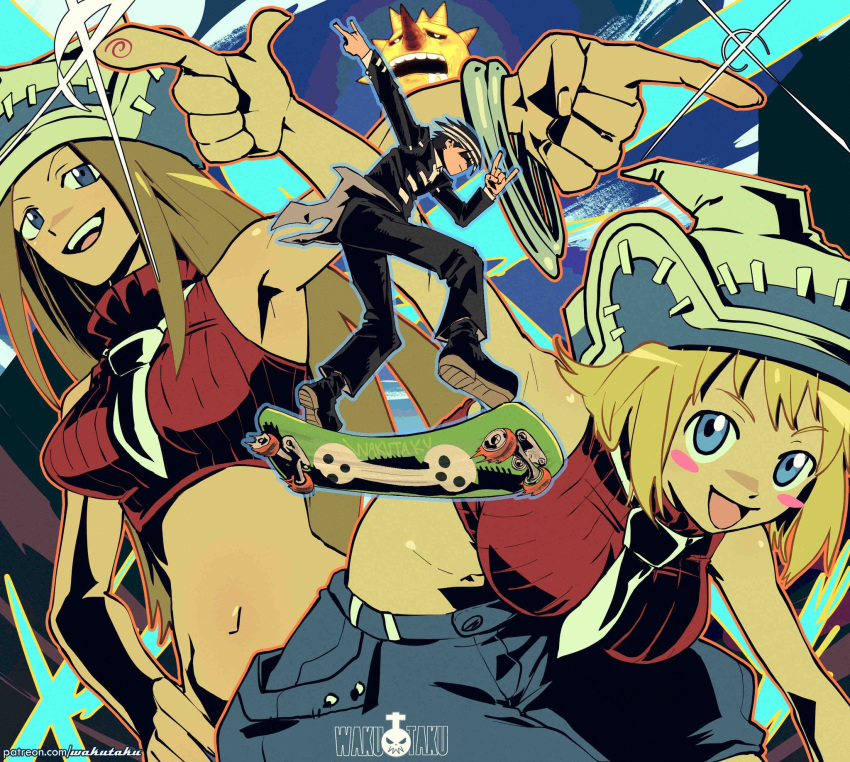 1boy 2girls \n/ arm_up black_coat black_hair black_pants blonde_hair blue_eyes blue_shorts blush_stickers bracelet coat crop_top death_the_kid elizabeth_thompson english_commentary hand_on_own_hip hat highres index_finger_raised jewelry long_hair looking_at_viewer multicolored_hair multiple_girls navel necktie open_mouth pants patricia_thompson profile red_shirt shirt short_hair shorts skateboard sleeveless smile soul_eater sparkle sun taku_(aywakutakuay) two-tone_hair white_hair white_necktie