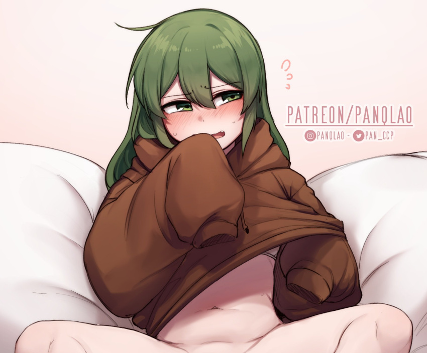 1girl blush bottomless bra fang green_eyes green_hair groin highres igarashi_futaba_(shiromanta) jacket medium_hair navel oversized_clothes panqlao pillow senpai_ga_uzai_kouhai_no_hanashi spread_legs underwear