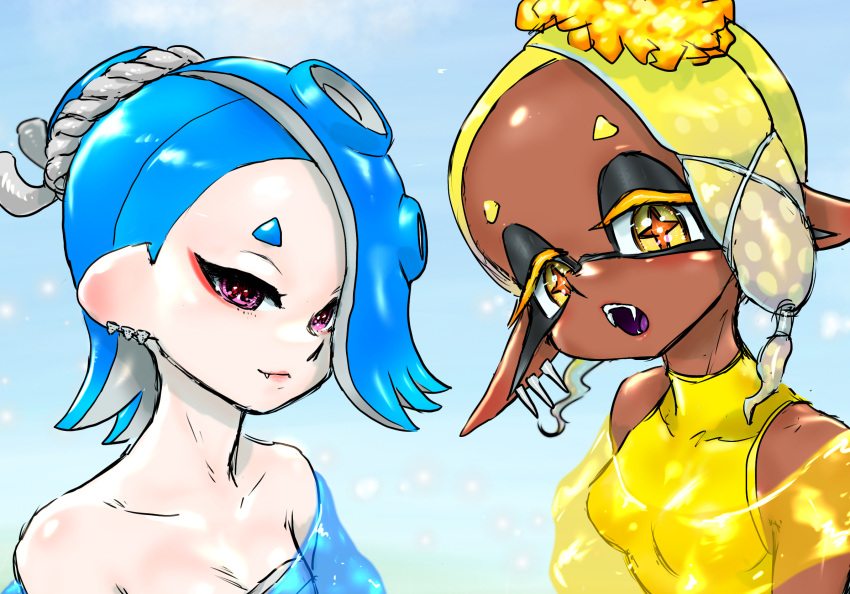 2girls asymmetrical_hair bare_shoulders blonde_hair blue_hair breasts cephalopod_eyes chest_sarashi colored_eyelashes colored_tongue cross-shaped_pupils dark-skinned_female dark_skin earrings eyeliner fang fang_out fangs food food_on_head forehead frye_(splatoon) hachimaki headband highres horizontal_pupils inkling jewelry koharu2.5 long_pointy_ears makeup medium_breasts multiple_earrings multiple_girls nejiri_hachimaki object_on_head octoling open_mouth orange_pupils pink_eyes pointy_ears purple_tongue red_eyeliner red_pupils sarashi shawl shirt shiver_(splatoon) short_eyebrows short_hair sleeveless sleeveless_shirt splatoon_(series) splatoon_3 suction_cups symbol-shaped_pupils tentacle_hair tooth_earrings yellow_eyes yellow_shirt