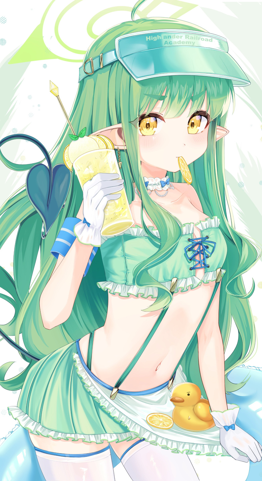 1girl absurdres baba_kirika bare_shoulders bikini blue_archive blue_bow blush bow breasts cleavage collarbone commentary_request cowboy_shot cup food food_in_mouth fruit gloves green_bikini green_hair halo highres hikari_(blue_archive) holding holding_cup lemon lemon_juice long_hair midriff navel pointy_ears sidelocks small_breasts solo stomach swimsuit thighhighs very_long_hair white_gloves white_thighhighs yellow_eyes