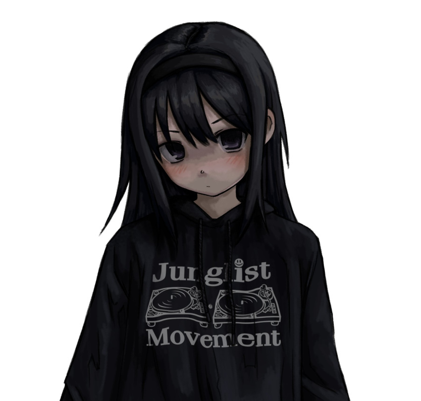 1girl akemi_homura black_eyes black_hair commentary hairband head_tilt highres hood hoodie long_hair looking_at_viewer mahou_shoujo_madoka_magica solo upper_body zoolpal