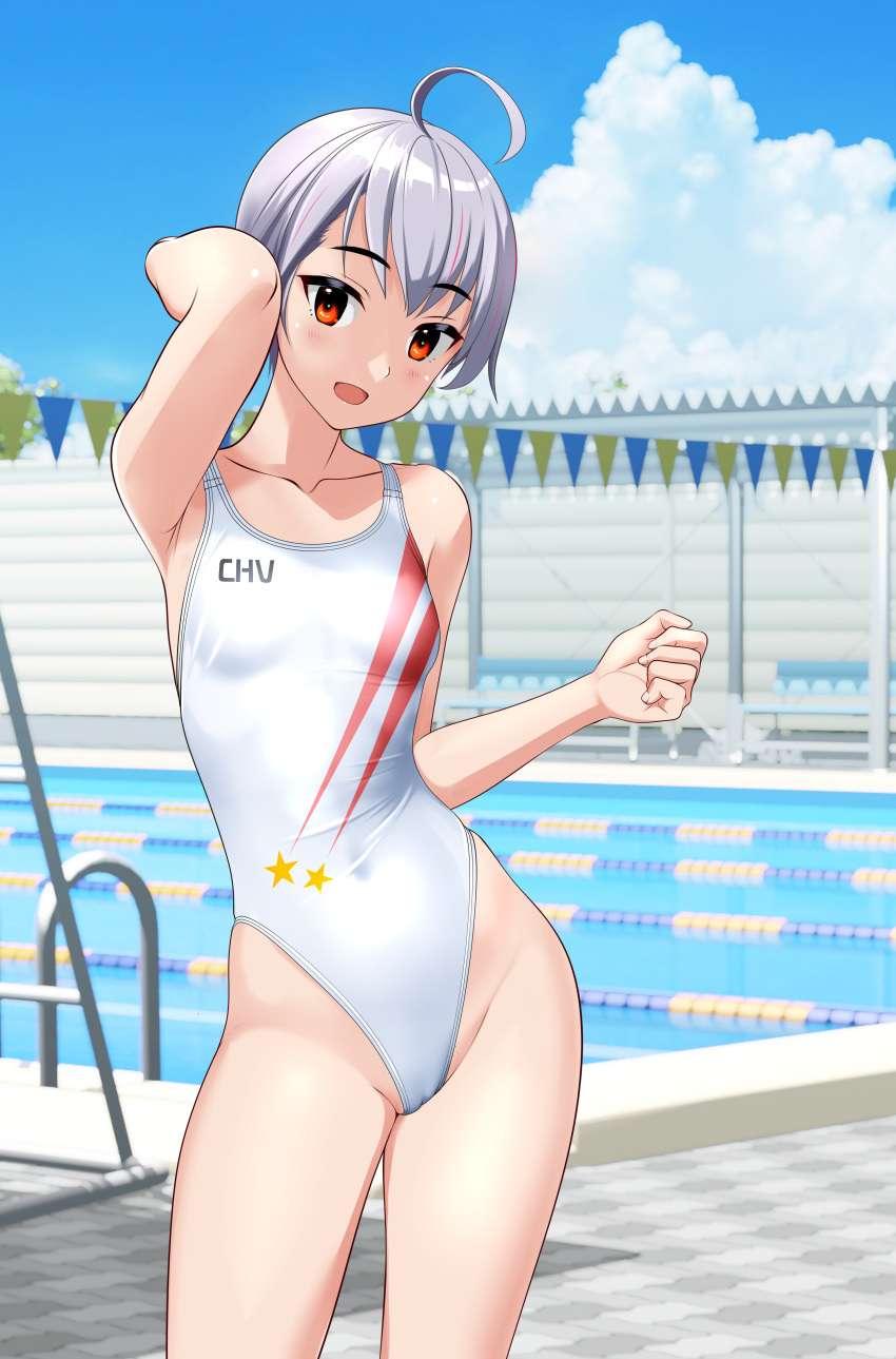 1girl absurdres ahoge blue_sky breasts clothes_writing cloud commentary_request competition_swimsuit contrapposto covered_navel day grey_hair highleg highleg_swimsuit highres lane_line one-piece_swimsuit original outdoors pool pool_ladder poolside red_eyes short_hair sky small_breasts smile solo string_of_flags swimsuit takafumi tomboy variant_set white_one-piece_swimsuit