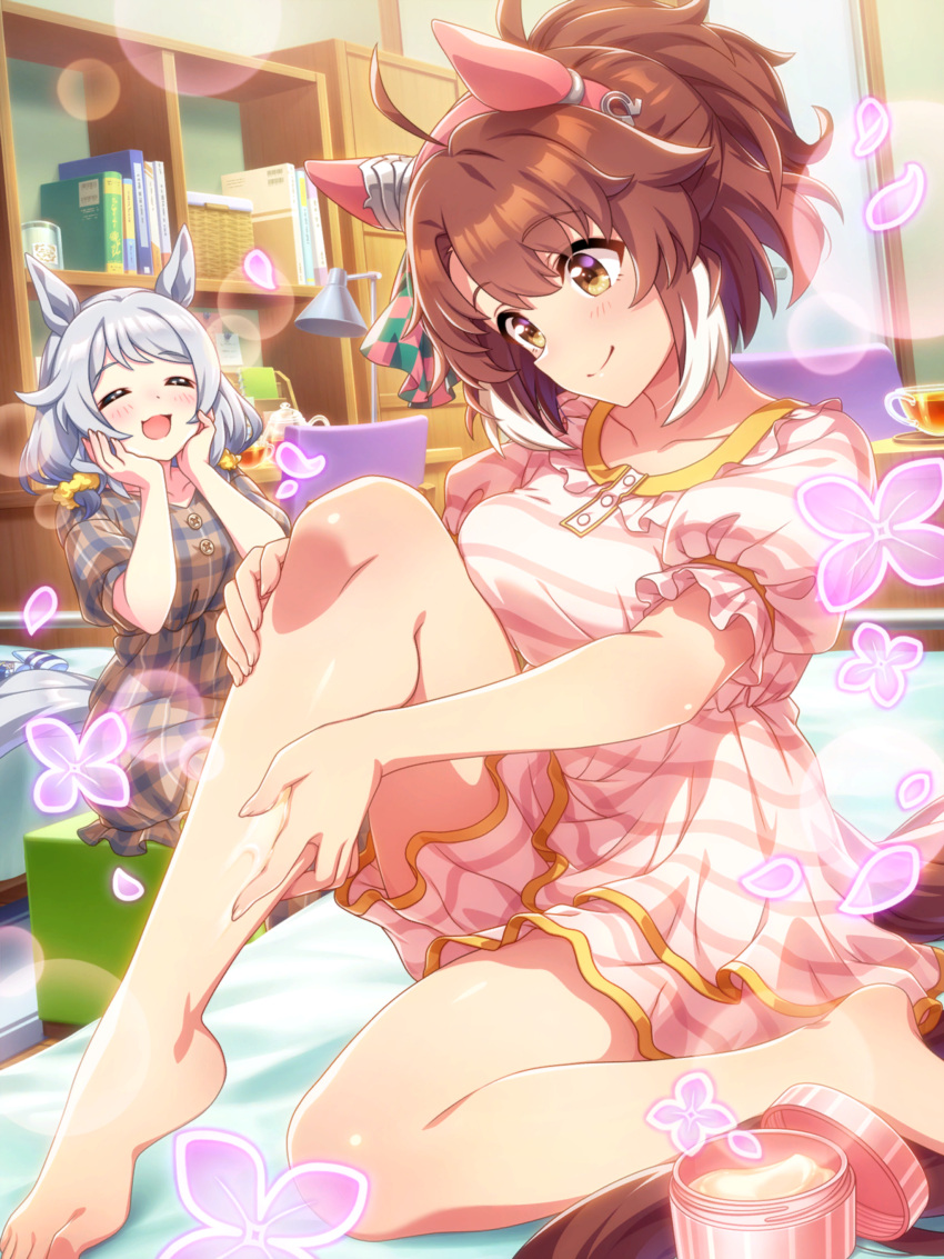 2girls =_= absurdres ahoge alternate_costume alternate_hairstyle animal_ears bad_link bare_legs bed blush bookshelf breasts brown_eyes brown_hair chair collarbone dantsu_flame_(umamusume) grey_hair hair_ornament hands_on_own_cheeks hands_on_own_face highres hishi_miracle_(umamusume) horse_ears horse_tail lamp lotion medium_breasts medium_hair multiple_girls official_art pajamas sitting smile tail umamusume yellow_eyes