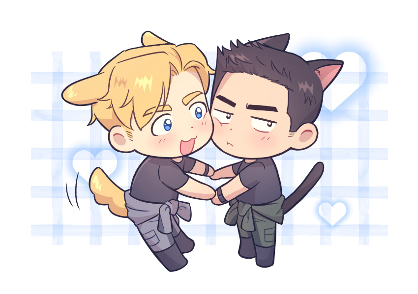 2boys animal_ears ao_isami averting_eyes black_hair blonde_hair blue_eyes blush cat_boy cat_ears cat_tail chibi couple dog_boy dog_ears facial_hair grid_background heart heart_background highres holding_hands lewis_smith looking_at_another male_focus multiple_boys short_hair sideburns_stubble stubble tail tail_wagging thick_eyebrows wasted_m9 yaoi yuuki_bakuhatsu_bang_bravern