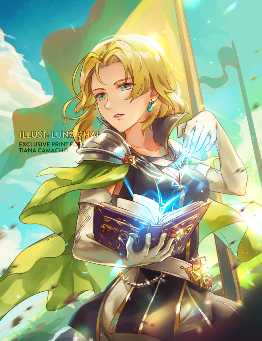 1girl armor artist_name blonde_hair book breasts cape cleavage commission earrings elbow_gloves english_commentary fire_emblem fire_emblem:_the_sacred_stones gloves green_cape highres holding holding_book jewelry large_breasts looking_to_the_side lunachaiart pauldrons selena_(fire_emblem:_the_sacred_stones) shoulder_armor watermark white_gloves