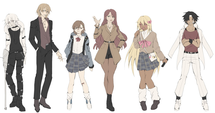 3boys 3girls accelerator_(toaru_majutsu_no_index) albino belt blonde_hair gyaru highres jacket jacket_on_shoulders kakine_teitoku long_hair misaka_mikoto multiple_belts multiple_boys multiple_girls pantyhose tan toaru_majutsu_no_index very_long_hair