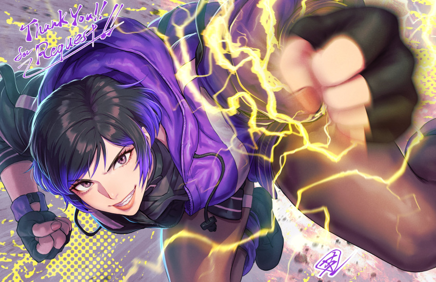 1girl belt_collar black_sports_bra choker collar colored_tips electric_wind_god_fist electricity fujii_eishun grey-tinted_eyewear highres jacket multicolored_clothes multicolored_hair multicolored_jacket purple_jacket purple_leg_warmers reina_(tekken) short_hair smile sports_bra sports_bra_over_clothes tekken tekken_8 torn_choker torn_clothes two-tone_jacket