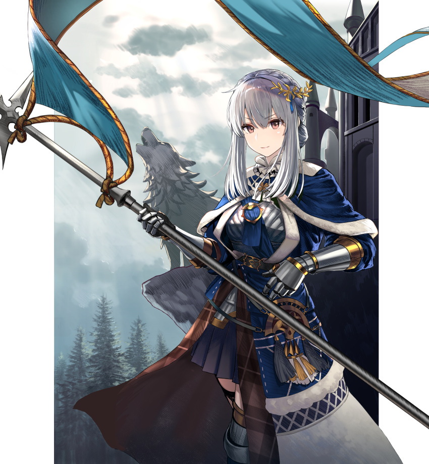 1girl armor black_skirt blue_capelet blue_dress braid capelet castle closed_mouth cloud cloudy_sky commentary cowboy_shot crown_braid dress final_fantasy final_fantasy_brave_exvius gauntlets glaciela_wezette grey_hair hair_ornament highres hirono_(hxze4434) holding holding_polearm holding_weapon long_hair long_sleeves looking_at_viewer miniskirt official_alternate_costume official_alternate_hairstyle outdoors pine_tree pleated_skirt polearm red_eyes sidelocks skirt sky solo tree war_of_the_visions:_final_fantasy_brave_exvius weapon wolf