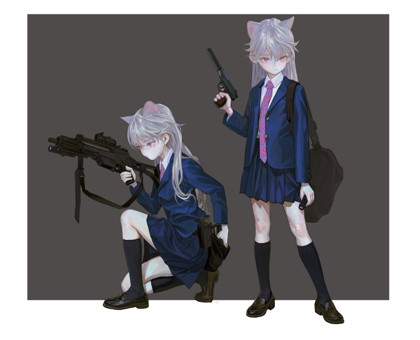 1girl ammunition_pouch animal_ears arm_at_side artist_name bag black_bag black_footwear black_socks blazer blue_jacket blue_skirt blush border cat_ears closed_mouth collared_shirt commentary extra_ears feiqizi_(fkey) fkey flashlight full_body grey_background grey_hair gun hair_between_eyes handgun highres holding holding_flashlight holding_gun holding_weapon jacket kneehighs loafers long_hair long_sleeves looking_at_viewer magazine_(weapon) multiple_views necktie open_clothes open_jacket original outside_border pink_eyes pleated_skirt pouch purple_necktie school_uniform shirt shoes shoulder_bag skirt socks squatting standing suppressor symbol-only_commentary trigger_discipline weapon weapon_request white_border white_shirt