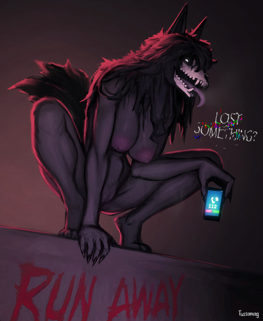 anthro big_breasts black_body black_fur black_hair bone breasts canid canine claws female fur hair hi_res long_tongue malo mammal nipples nude open_mouth scp-1471 scp-1471-a scp_foundation simple_background skull skull_head solo tail text tongue tussamag