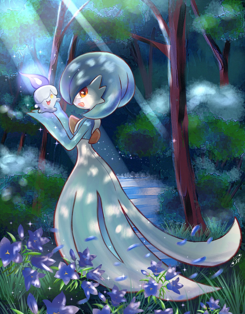 alternate_color blue_hair bob_cut colored_skin dress falling_petals fire flower forest from_side gardevoir highres krystalstar70 litwick looking_at_viewer multicolored_skin nature open_mouth orange_eyes petals pokemon pokemon_(creature) shiny_pokemon signature smile two-tone_skin white_dress white_skin yellow_eyes