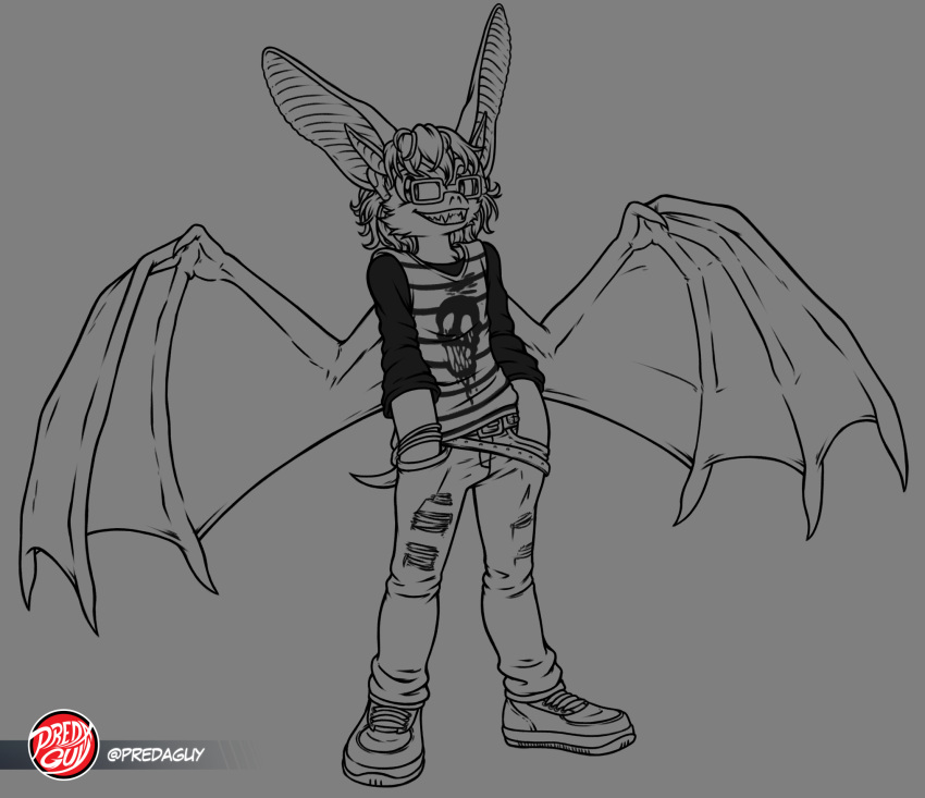 alternative_fashion anthro bat bat_wings belt big_ears bottomwear bracelet clothing denim denim_bottomwear denim_clothing earbuds electronics eyewear fangs footwear furry glasses goth grinning_at_viewer hair hands_in_both_pockets headphones hi_res jeans jewelry male mammal membrane_(anatomy) membranous_wings pants pattern_clothing predaguy sega shoes short_hair short_tail sketch skull_shirt sneakers solo sonic_the_hedgehog_(series) spread_wings striped_clothing stripes studded_belt studs tail teeth torn_bottomwear torn_clothing torn_pants two_belts wings