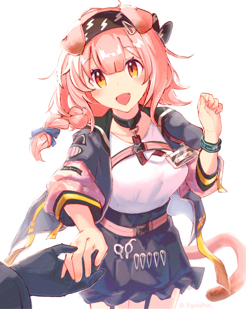 1girl 1other :d animal_ears arknights belt black_bow black_collar black_gloves black_hairband black_skirt blue_bow blush bow bracelet braid breasts cat_ears cat_girl cat_tail collar commentary_request doctor_(arknights) garter_straps gloves goldenglow_(arknights) grey_jacket hair_ornament hairband hairclip hand_up high-waist_skirt highres holding_hands id_card jacket jewelry lightning_bolt_print long_hair looking_at_viewer miniskirt multicolored_clothes multicolored_jacket open_clothes open_jacket open_mouth pink_belt pink_hair pink_jacket pleated_skirt pov pov_hands print_bow print_hairband scissors shirt simple_background single_braid skirt sleeves_past_elbows smile tail white_background white_shirt yatori_suminohi yellow_eyes