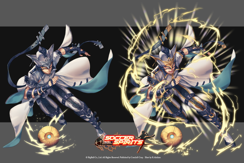 1boy :o alnilam arm_belt ball company_name copyright_name electricity grey_hat hat jacket male_focus mask multiple_views official_art running soccer_spirits thigh_strap white_jacket xenon_(soccer_spirits) yellow_eyes zipper